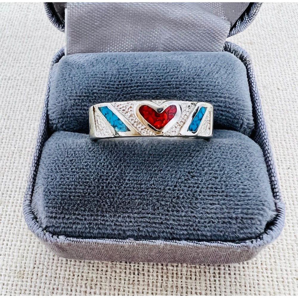 Silver Tone Southwestern Heart Ring Turquoise Red Coral Inlay Ring Band Size 9